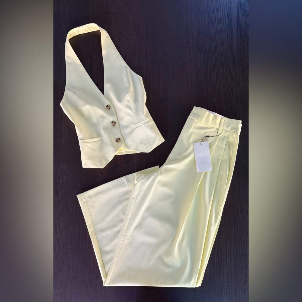 Zara Light Yellow Vest & Wide-Leg Pants Two-Piece Set